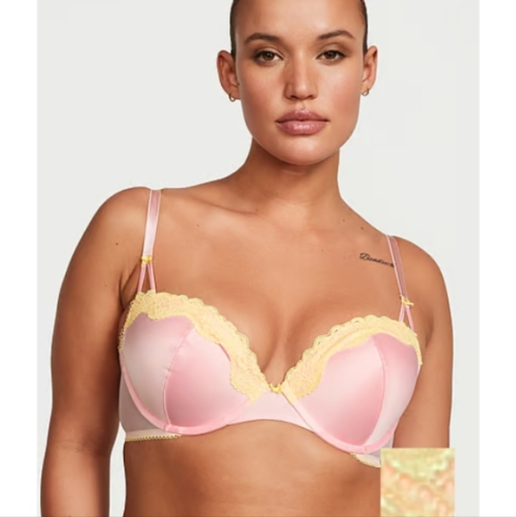 2pc-Tease Smooth Push Up Bra & High Leg Scoop Thong Panty ,(Dusty Pink /Yellow) - Picture 4 of 7